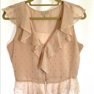 Gianni Bini light pink, gold with silver metallic, ruffles, blouse